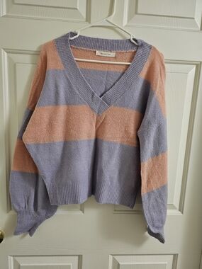 Striped V-Neck Sweater in Lavender and Peach
